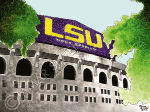 LSU Tiger Stadium- Watercolor Painting (11"x14" Signed Fine Art Print)- Free Shipping