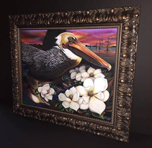 "Miracles of the Bayou"- Pelican/Magnolia Artwork (Original with Mat and Frame)
